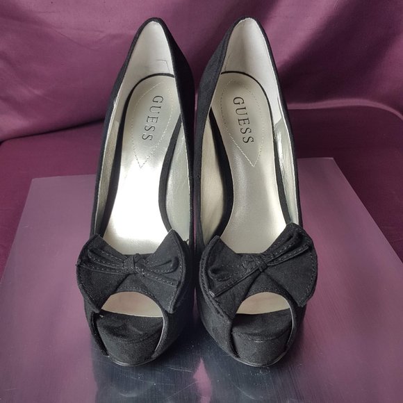 Guess Black Platform Peep Toe Bow Heels 6.5 Fabric - Picture 2 of 11